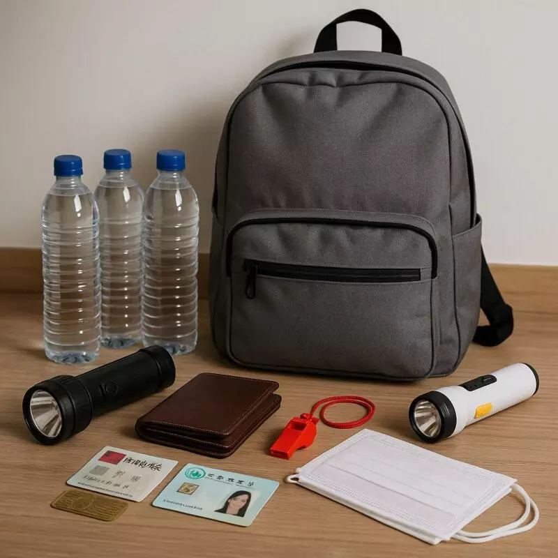 家庭玄關的防災包內容物實拍，包含灰色背包、瓶裝水、手電筒、錢包現金、哨子、口罩與證件，所有標準配備一覽，適合台灣家庭應急備災。