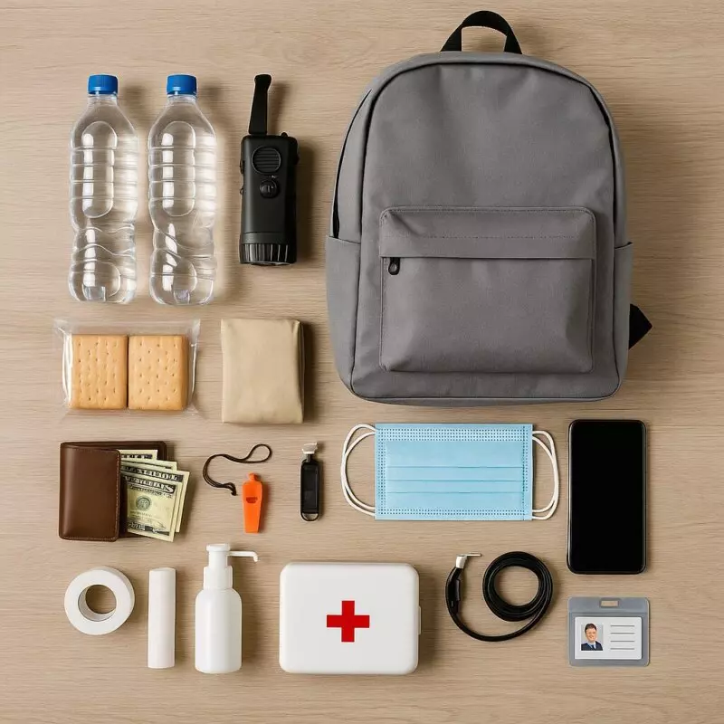防災包內容物總覽，包含灰色背包、瓶裝水、行動電源、手搖手電筒、急救包、口罩、哨子、現金、餅乾、證件、通訊設備、充電線、消毒用品、繃帶與醫療膠帶，清楚呈現家庭標準防災包必備配備。