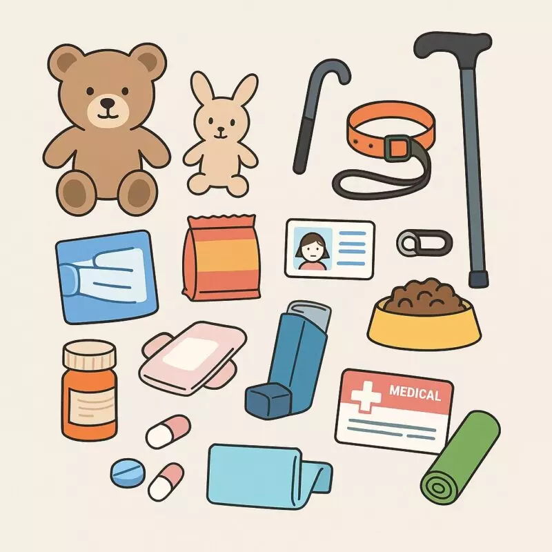 多族群防災包內容物插圖，包含兒童安撫玩具、家長聯絡卡、口罩、點心，長者藥品、助行拐杖、醫療卡，寵物項圈、飼料碗，特殊需求族群吸入器、藥丸、醫療資訊卡等，各族群重要配備一覽。