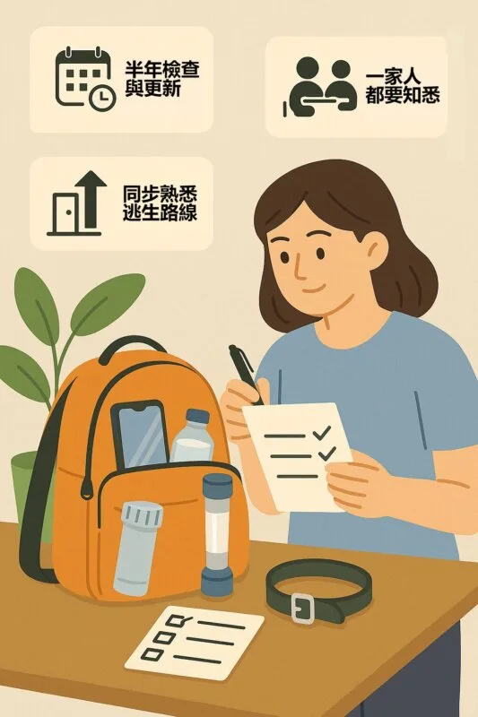 女子手持檢查表，正在玄關檢查橘色防災包內容物，桌上擺有瓶裝水、手電筒、手機、哨子及清單，背景有「半年檢查與更新」、「全家人都要知悉」、「同步熟悉逃生路線」等中文提示，展現家庭定期維護防災包的真實情境。