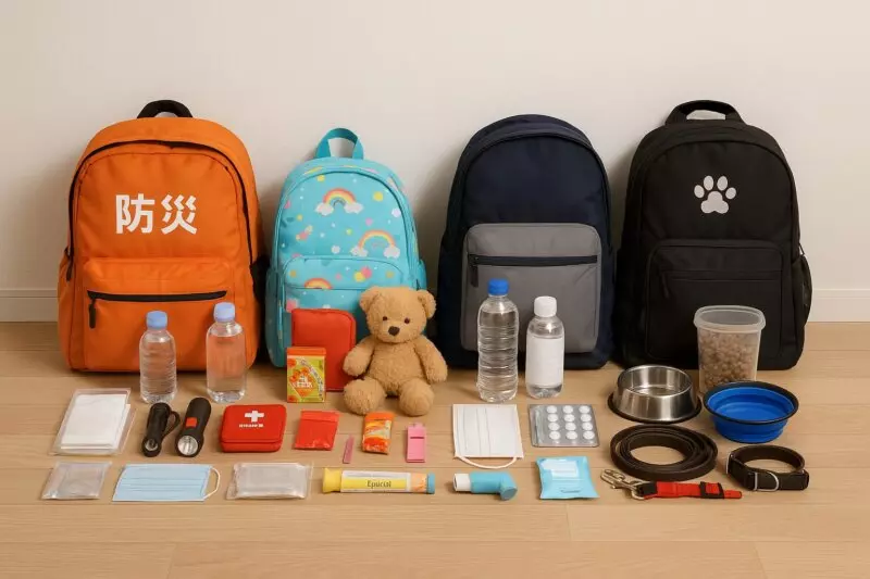 多族群防災包內容物收納展示，左起為成人背包（防災字樣、瓶裝水、手電筒、急救包）、兒童背包（玩偶、點心、聯絡卡）、長者背包（藥品、口罩、吸入器）、寵物背包（糧食、項圈、摺疊碗），所有配備分組排列於地板上，直觀呈現不同成員的防災需求。