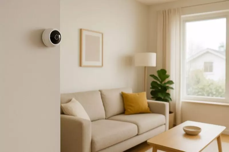 溫馨客廳牆角安裝一台白色監視器，室內光線明亮，畫面展現現代家庭安全氛圍