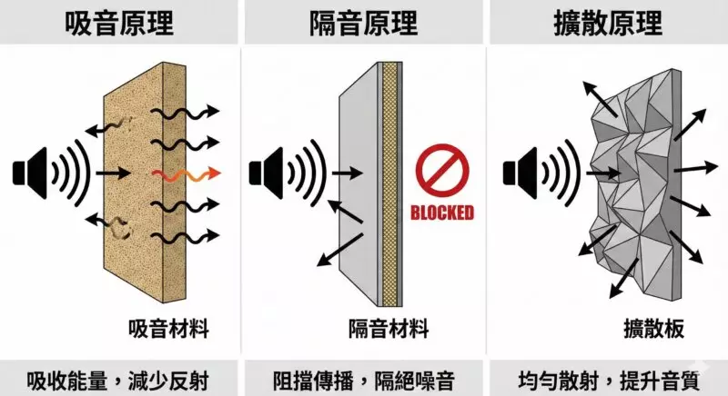 聲學設計的吸音、隔音與擴散原理圖解，展示聲音在不同材料上的行為
