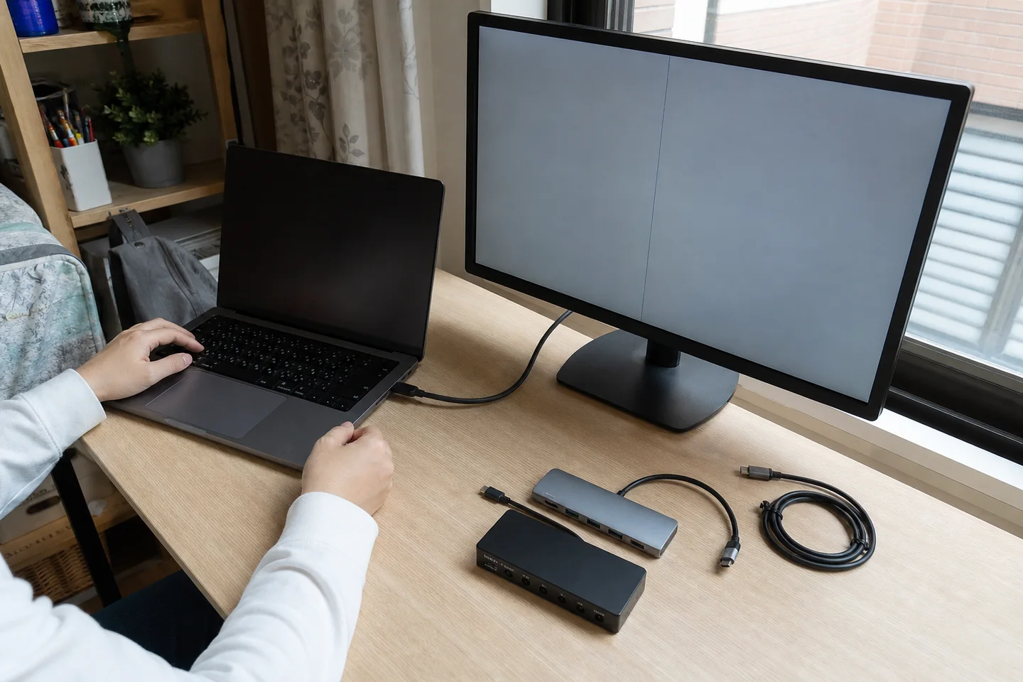 筆電以單一短線直連螢幕，Dock、KVM 與備用線材先移出訊號鏈