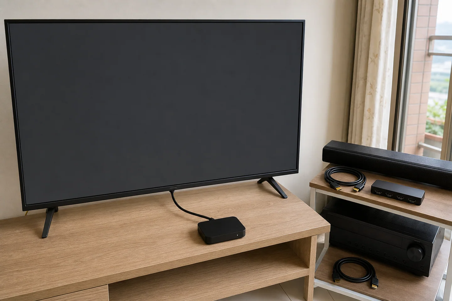 來源裝置以一條短 HDMI 線直連電視，Soundbar、切換器與擴大機暫時移出訊號鏈