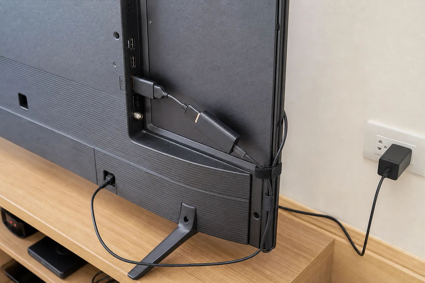 電視棒以短 HDMI 延長線接到電視，並用獨立牆上電源供電的配置示意