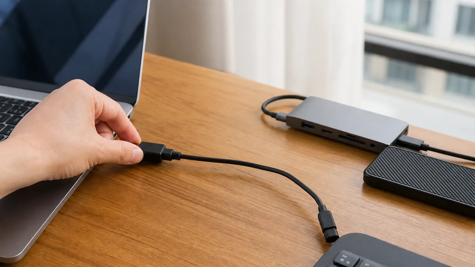 示意：將無線接收器與 USB Hub、外接 SSD 分開配置