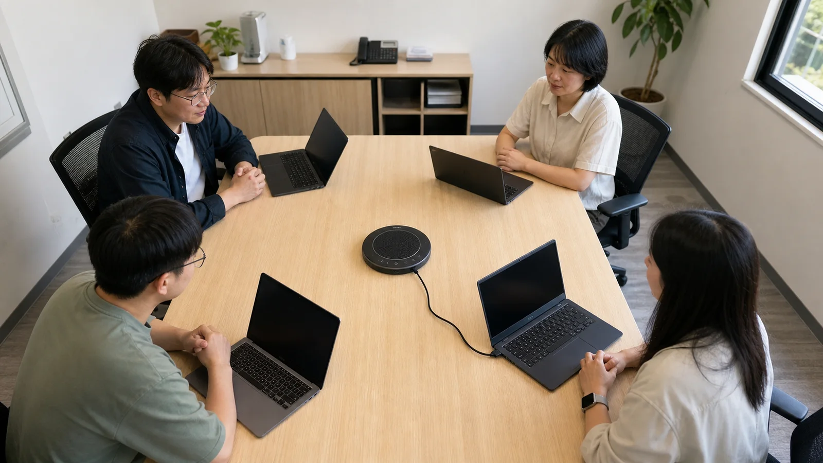 四人會議桌中央放置單一會議喇叭，只有一台主機以 USB 連接